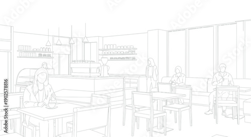 Minimalist line art illustration depicting patrons enjoying coffee and conversation inside a contemporary cafe setting with professional espresso equipment visible behind the counter.