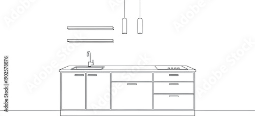 Minimalist line art illustration depicts a modern kitchen counter unit featuring an integrated sink faucet an induction cooktop and hanging pendant lights above open shelving.