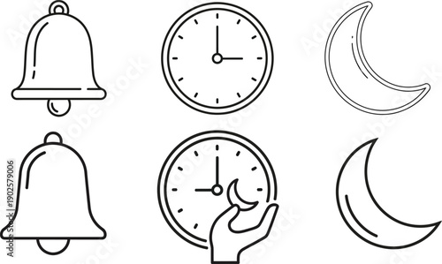A collection of six outline icons featuring bells, clocks, and crescent moons, representing communication, time, and nighttime