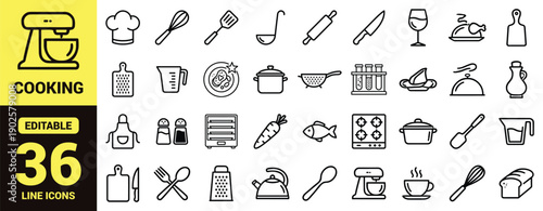 Kitchen and cooking icon set with chef hat, utensils, cooking pot, cutting board, grater, measuring cup, apron, oven, kettle, stand mixer, coffee cup, bread loaf