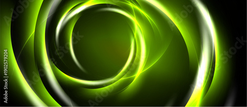 Abstract swirls, vibrant green hues dominate dark background. Circular motion creates dynamic visual effect. Smooth gradients enhance depth.