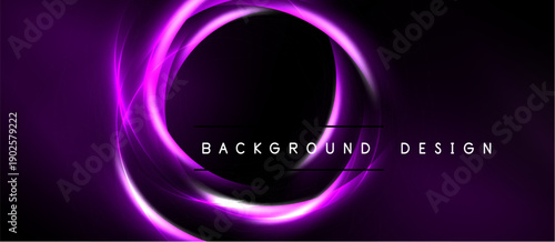 Dark background features vibrant purple glowing circles. Text reads background design centered within inner circle. Minimalist, modern aesthetic.