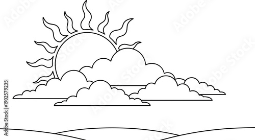 Simple line art illustration depicts the bright morning sun partially obscured by fluffy layered clouds above a minimal landscape outline suggesting a new dawn.