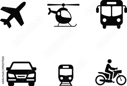 Transportation silhouette icons set including airplane helicopter bus car train and motorcycle isolated black vector illustration travel design