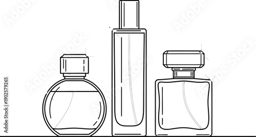 Minimalist line art illustration showcasing three distinct glass perfume bottles with shiny highlights suggesting luxury fragrance presentation on a clean background