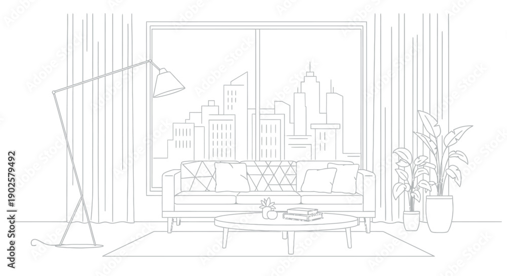 Obraz premium Minimalist line art drawing of a modern living room interior featuring a comfortable sofa and large window overlooking a detailed urban cityscape skyline view.
