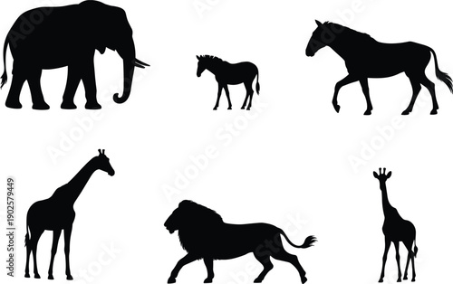 Wild animal silhouette set featuring elephant horse donkey giraffe and lion isolated black vector illustration safari wildlife design