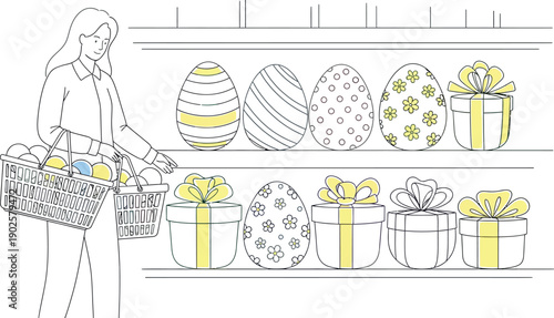 Woman shopping for colorful decorated Easter eggs and beautifully wrapped pastel gift boxes displayed on store shelves preparing for the spring holiday celebration