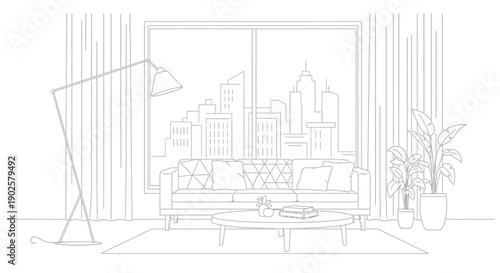 Minimalist line art drawing of a modern living room interior featuring a comfortable sofa and large window overlooking a detailed urban cityscape skyline view.