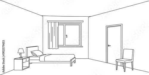 Simple line art illustration depicting the interior of an empty bedroom featuring essential furniture elements like a bed, nightstand, lamp, window, and closed door.