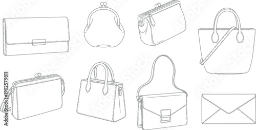 Collection of eight distinct black and white line drawings showcasing various styles of women's handbags purses clutches and an envelope for fashion design concepts