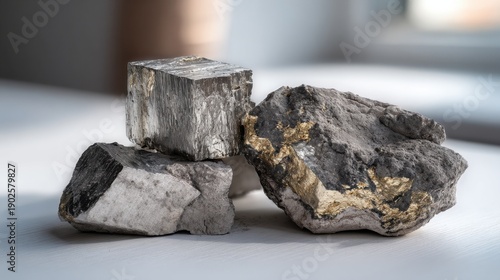 Rare earth element ytterbium (Yb), freshly extracted from underground, in its raw and unprocessed state; partially visible metallic veins within irregular and rough rock fragments