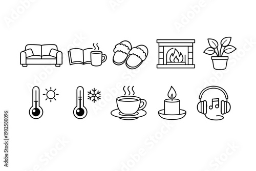 Cozy Home Comfort and Relaxation Line Icons Set for Hygge Lifestyle and Winter Living