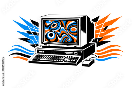 Modern graphic collage featuring a black-and-white retro desktop computer as the main object, screen glowing