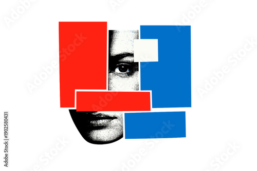 Modern graphic collage illustrating emotions expressed through bold color blocks, a black and white human face