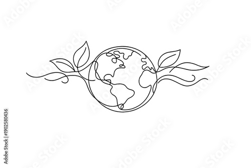 "Healthy planet". Minimalistic one-line drawing earth surrounded by leaves and fresh air lines, seamless