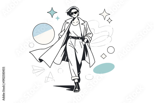 Illustrated fashion confidence. Confident model walking forward with relaxed posture, oversized coat flowing,