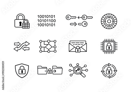 Encryption technology. Line outline icon set of encryption technology: encrypted lock, binary code, key