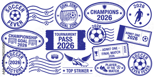 Collection of soccer 2026 stamps and badges with football and competitive sport symbols