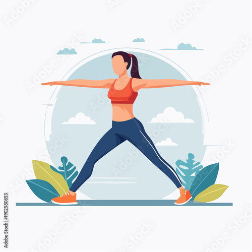 Vibrant illustration of a woman demonstrating a powerful Warrior II yoga pose, embodying fitness and mindful exercise