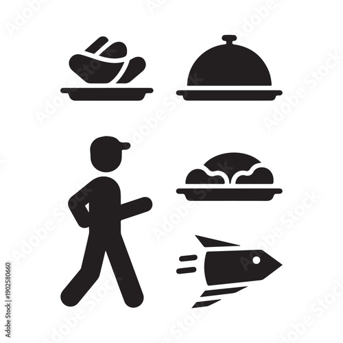 Food Delivery Service Icon Set Featuring Express Shipping Courier And Covered Server Platter.