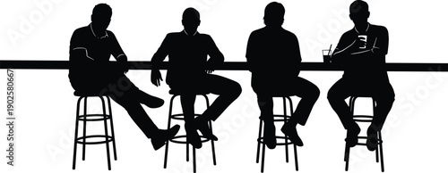 Vector Illustration of Men Silhouettes Sitting at Bar Counter on Stools Drinking for Social Gathering Nightlife and Casual Lifestyle Designs