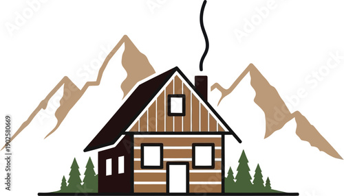 Rustic wooden log cabin illustration nestled peacefully among stylized brown mountains with evergreen trees suggesting an outdoor wilderness retreat vacation or cozy home