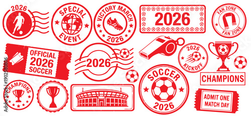 Collection of soccer 2026 stamps and badges with football and competitive sport symbols