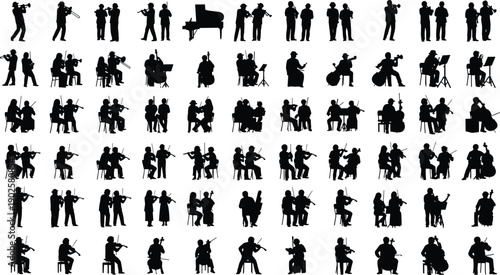 Vector Illustration Set of Orchestra Musician Silhouettes Playing Violin Cello Trumpet and Piano for Classical Music Concert and Performance Designs