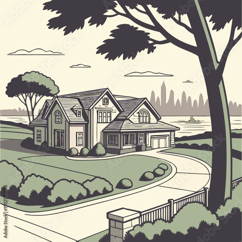 Suburban house with driveway and tree fence