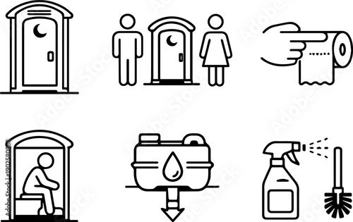 Portable toilets and sanitation elements icons.
