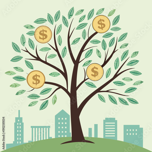 Tree with dollar coins and green leaves on city hill