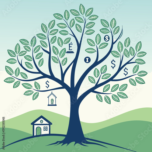 Tree with green leaves and dollar signs on branches near a house