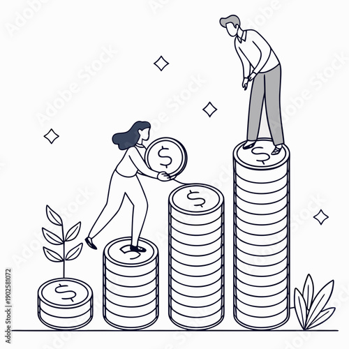 Woman places coin on stack of coins as man stands on tallest stack