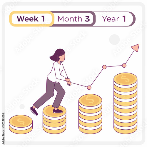 Woman pulling graph line up stacks of coins growth