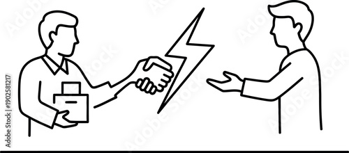 Line art graphic illustrating a business partnership agreement finalized with a handshake symbolizing an energetic deal and mutual commitment between two professionals in the corporate world