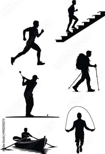 Silhouette illustrations of people engaging in various sports and fitness activities