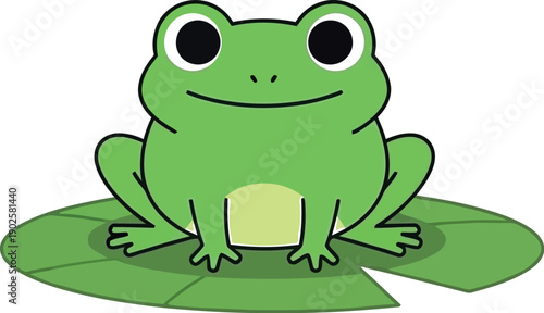 Cute cartoon illustration of a cheerful green frog sitting calmly upon a large floating lily pad in a serene pond environment.