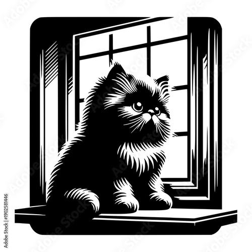 Whiskered Window Watch: A fluffy persian cat gazes pensively out of a window. A monochrome portrait, with a minimalist aesthetic, highlighting feline beauty and window scene.
