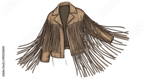 Vintage Tan Suede Fringe Jacket Illustration with Long Tassels and Classic Biker Lapel Collar
