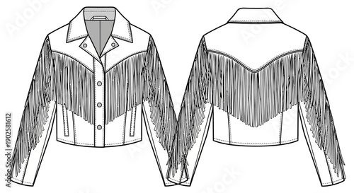Women's Vintage Suede Fringe Jacket Technical Flat Sketch Vector Template with Western Yoke and Tassel Detail