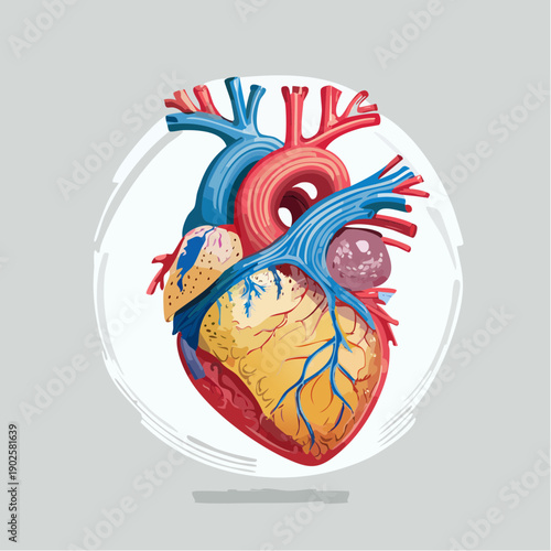 Detailed illustration of a human heart with arteries and veins in vibrant colors