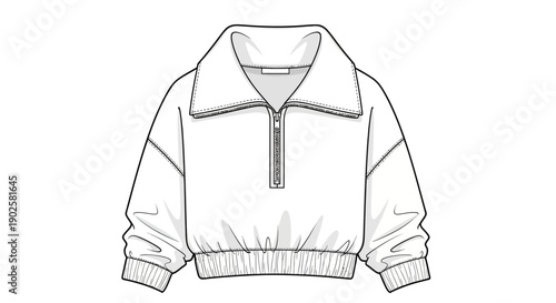 Women's Cropped Quarter-Zip Pullover Technical Flat Sketch Vector Template with Oversized Collar and Elastic Hem