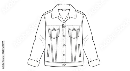 Men's Classic Sherpa Lined Denim Jacket Technical Flat Sketch Vector Template with Fur Collar and Front Welt Pockets