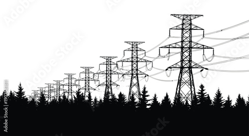 Vector Illustration of High Voltage Power Lines and Electricity Pylons Over Pine Forest Silhouette for Energy Utility and Industrial Designs