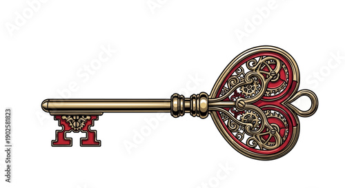 Vintage Steampunk Skeleton Key Vector with Intricate Heart Shaped Gear Mechanism and Antique Gold Finish