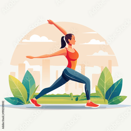 Woman practicing yoga in a park with a cityscape in the background