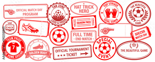 Collection of soccer stamps and badges with football and competitive sport symbols
