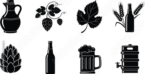 Set of Black Silhouette Vector Icons Featuring Beer Bottles Mug Keg and Hops for Brewery Pub Alcohol and Oktoberfest Designs