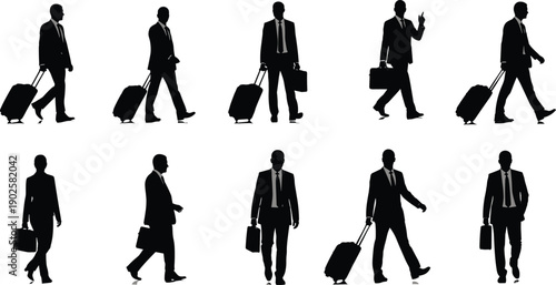 Set of Black Silhouette Vector Illustrations of Ten Businessmen Traveling with Suitcases and Briefcases for Business Trip Corporate Travel Career and Professional Lifestyle Designs